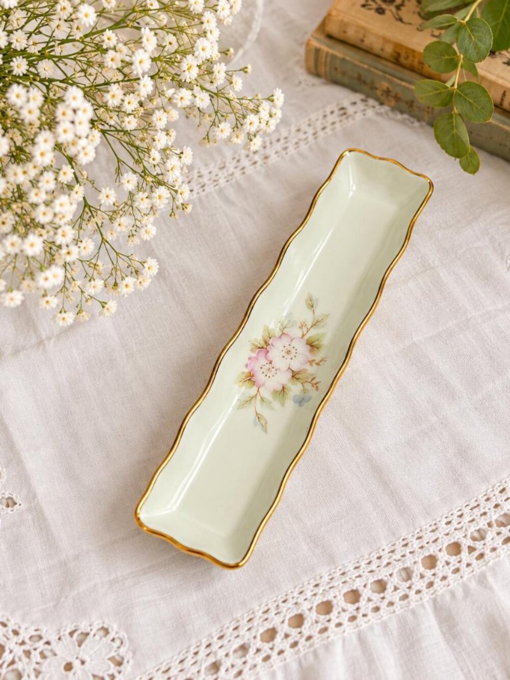 Vintage Limoges Porcelain Tray | Floral Gold Trim Trinket Dish (Rehaussé Main)
